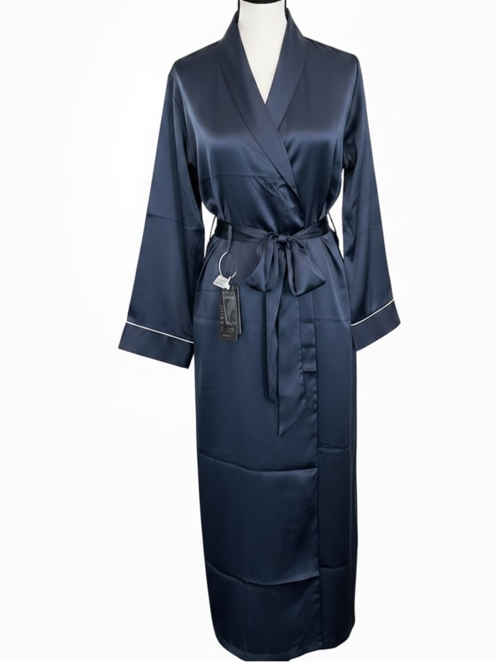 NWT Silksilky 100% Mulberry Silk Long Robe Navy Blue Shawl Collar Size S